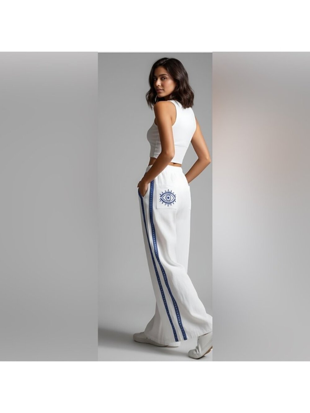 Embroidered Pocket Eye Pattern Cotton Wide Leg Pant